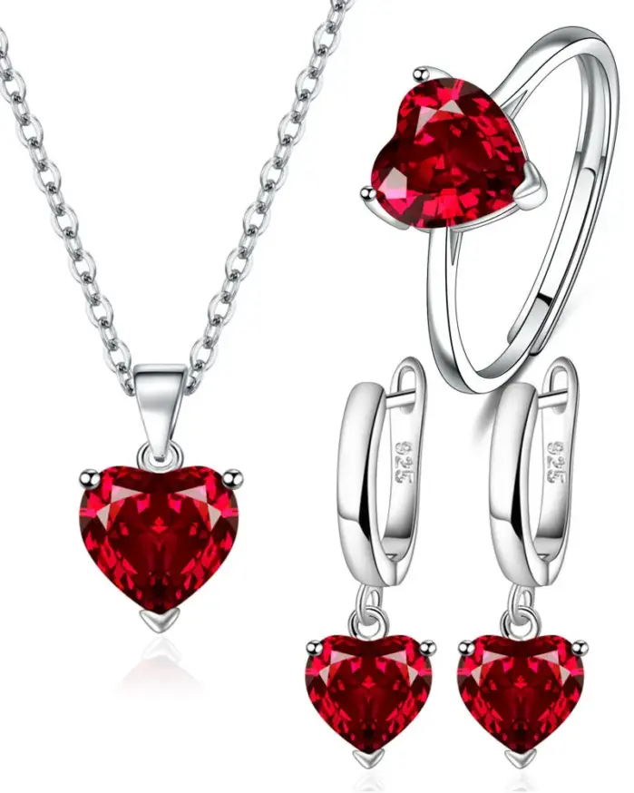 Juegos de joyas para mujer de Plata de Ley 925, anillo de circón con forma de corazón, pendientes, collar, boda, novia, regalos de navidad elegantes 1