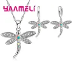 Conjunto de collar y pendientes de circonia cúbica de colores brillantes para mujer, joyería de Color Plata de Ley 925 con diseño de libélula para niñas 6