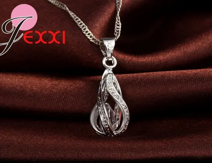 Gota de agua caliente CZ 925 conjunto de joyería chapada en plata esterlina para mujer colgante collar pendientes de aro fiesta de boda Ceremoey Anel 2