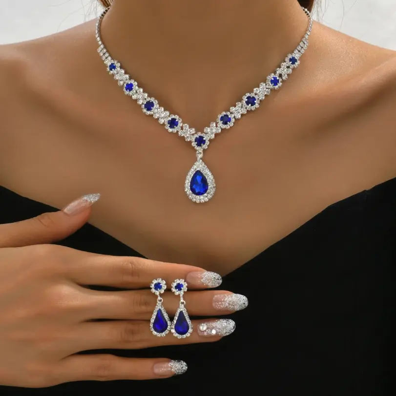 Juego de 3 piezas de collar de gota de cristal para mujer con pendientes para accesorios de vestido de noche de boda 1 Juego de 3 piezas de collar de gota de cristal para mujer con pendientes para accesorios de vestido de noche de boda 1
