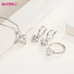 Conjuntos de regalo de joyería fina de Plata de Ley 925 para mujer, pendientes Huggie de circón con corazón romántico, colgante, collar, anillo 4