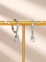 pendientes colgantes de circonia cúbica para mujer, aretes clásicos simples cuadrados/corazón/pera, estilo atemporal, joyería de eternidad de tendencia de boda 12
