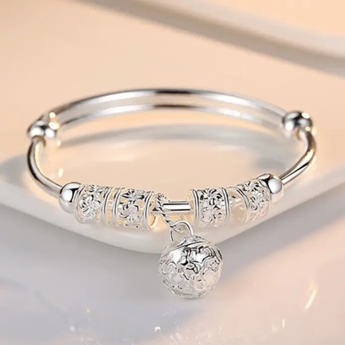 Brazaletes de bola de campanas huecas de Color plateado fino para mujer, pulseras ajustables, regalos de vacaciones de moda, joyería de boda de fiesta 1