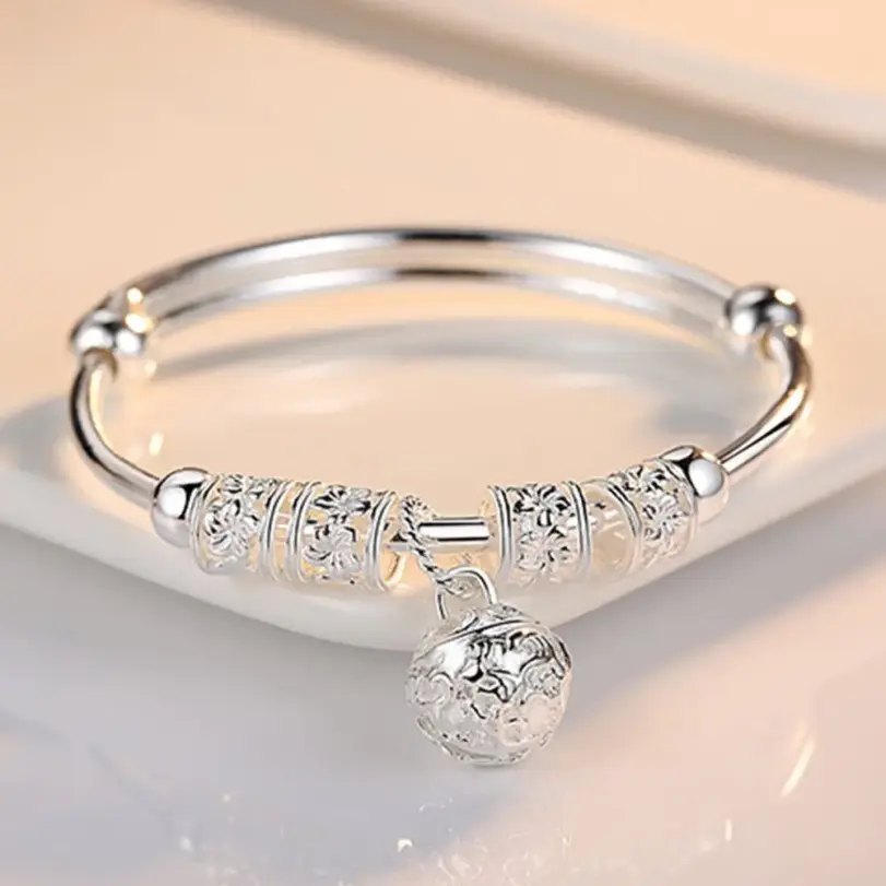 Brazaletes de bola de campanas huecas de Color plateado fino para mujer, pulseras ajustables, regalos de vacaciones de moda, joyería de boda de fiesta 1