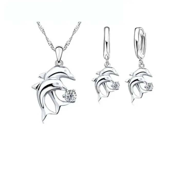 Conjuntos de joyería nupcial de Color plata esterlina 925, collares de cristal con diseño de delfín, pendientes de aro para mujeres y niñas, aniversario de compromiso 1