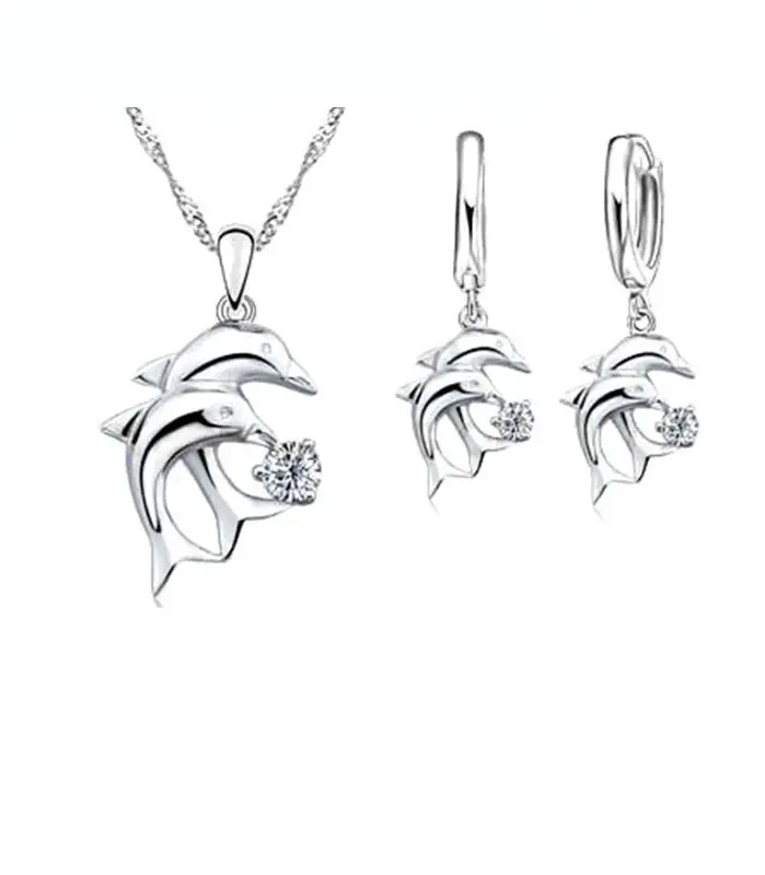 Conjuntos de joyería nupcial de Color plata esterlina 925, collares de cristal con diseño de delfín, pendientes de aro para mujeres y niñas, aniversario de compromiso 1