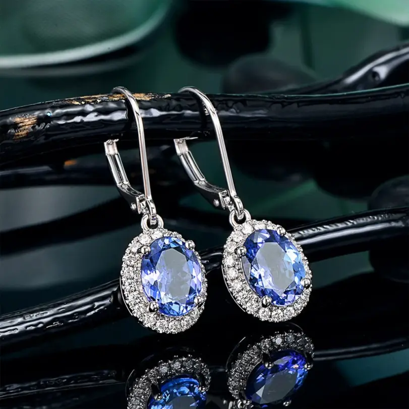 Huitan-pendientes colgantes de lujo para mujer, ovalados, azules, CZ, accesorios nobles para mujer, pendientes elegantes para fiesta, joyería de moda para uso diario 1