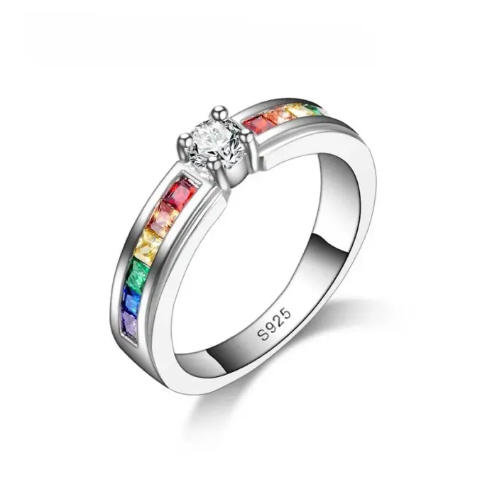 Anillos de circón cúbico de arcoíris para mujer, 100% Plata de Ley 925 auténtica, accesorio de anillo de propuesta de compromiso encantadora para boda 1