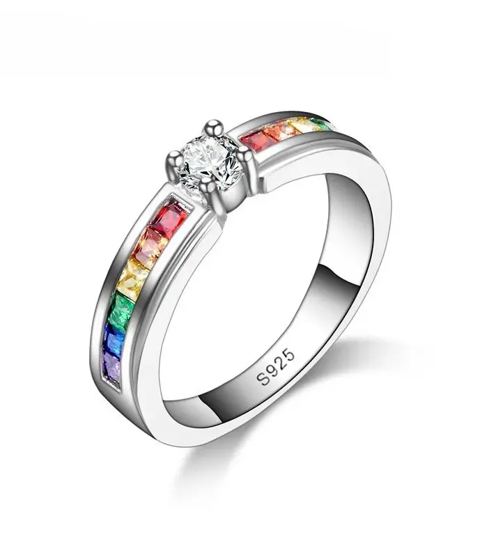 Anillos de circón cúbico de arcoíris para mujer, 100% Plata de Ley 925 auténtica, accesorio de anillo de propuesta de compromiso encantadora para boda 1