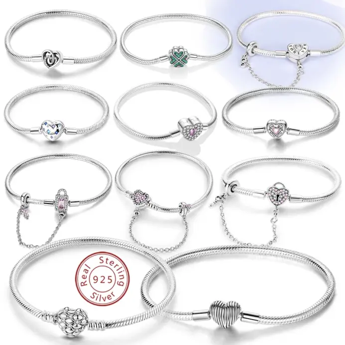 Pulsera Original de Plata de Ley 925, pulsera con dijes de 17-20CM, pulsera de circonia pavimentada con corazón de amor para mujer, regalos de joyería DIY 1