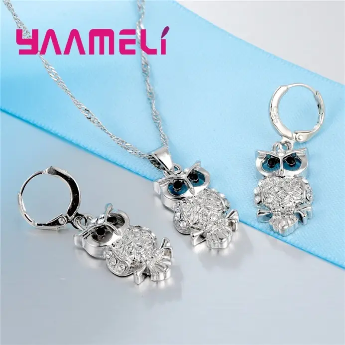 Conjuntos de pendientes y collar con colgante de búho de cristal AAA africano brillante, los mejores regalos para mujer, accesorio de fiesta de Color Plata de Ley 925 2