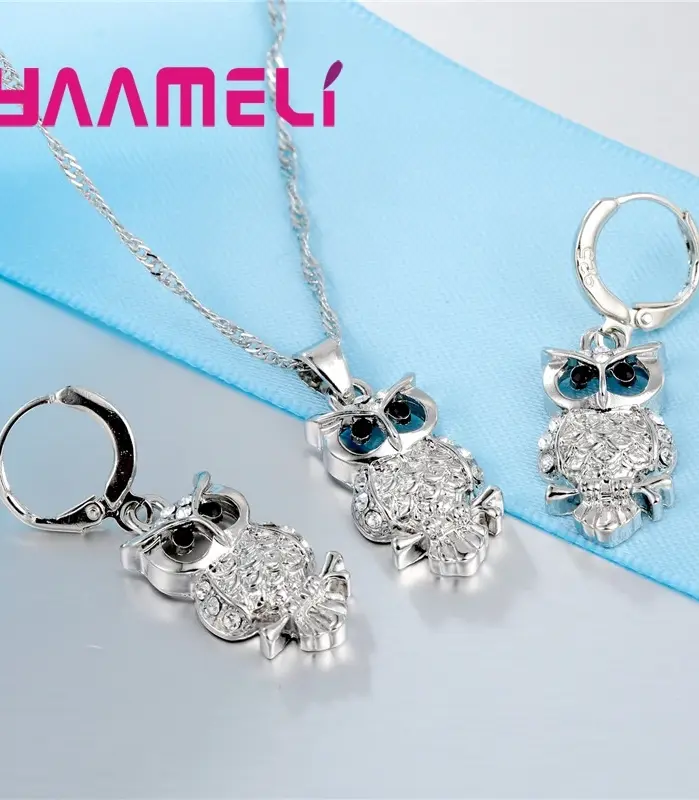 Conjuntos de pendientes y collar con colgante de búho de cristal AAA africano brillante, los mejores regalos para mujer, accesorio de fiesta de Color Plata de Ley 925 2