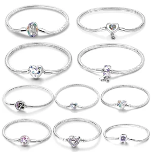 Pulsera de plata 925, pulseras originales, circonita colorida, corazón, flor, gato, cadena de serpiente para dijes DIY, regalos de joyería de lujo de 17-20CM 1