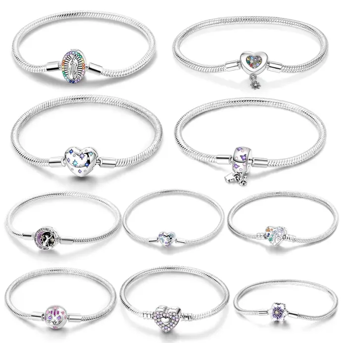 Pulsera de plata 925, pulseras originales, circonita colorida, corazón, flor, gato, cadena de serpiente para dijes DIY, regalos de joyería de lujo de 17-20CM 1