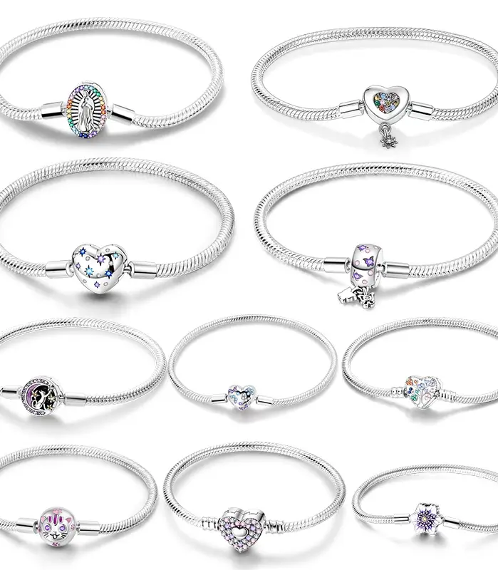 Pulsera de plata 925, pulseras originales, circonita colorida, corazón, flor, gato, cadena de serpiente para dijes DIY, regalos de joyería de lujo de 17-20CM 1