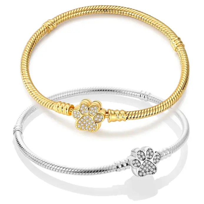 Pulsera Original de Plata de Ley 925 con Zirconia en Forma de Huella de Mascota Dorada, de 17-20 CM, Compatible con Dijes y Colgantes Originales, para Mujer, Regalo de Joyería DIY 1