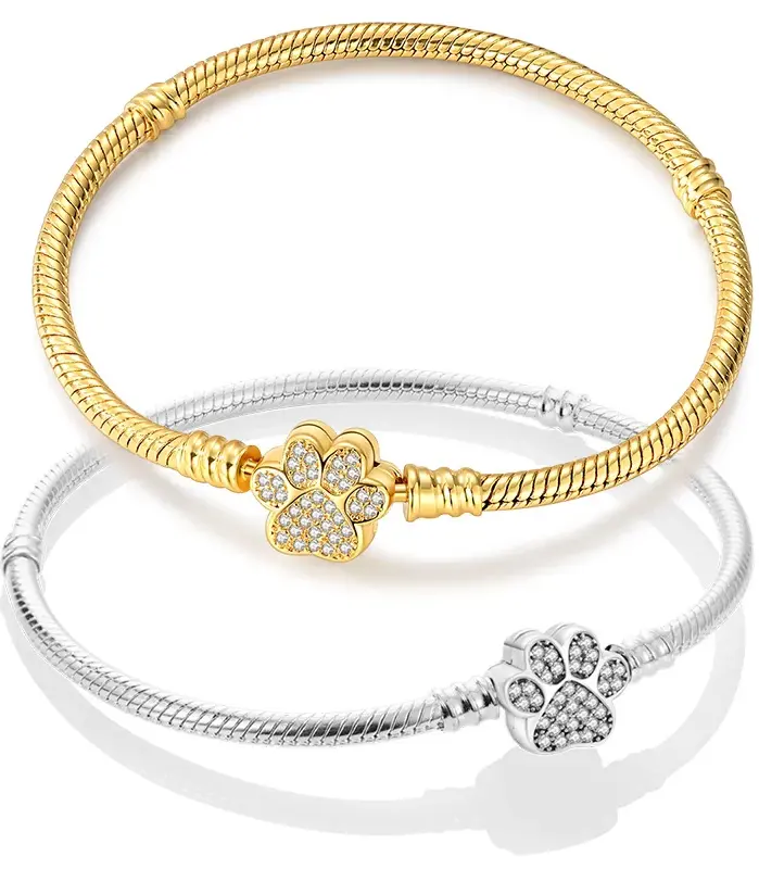 Pulsera Original de Plata de Ley 925 con Zirconia en Forma de Huella de Mascota Dorada, de 17-20 CM, Compatible con Dijes y Colgantes Originales, para Mujer, Regalo de Joyería DIY 1