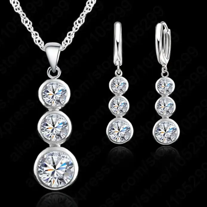 Conjunto de joyería nupcial clásica de Plata de Ley 925 para mujer, colgantes, collares, pendientes, accesorio de compromiso de boda 1