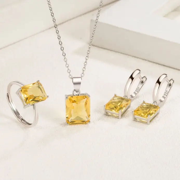 Anillo de Plata de Ley 925, pendientes, collar para mujer, geometría rectangular, circón, boda, conjuntos de joyería elegantes, artículos 2