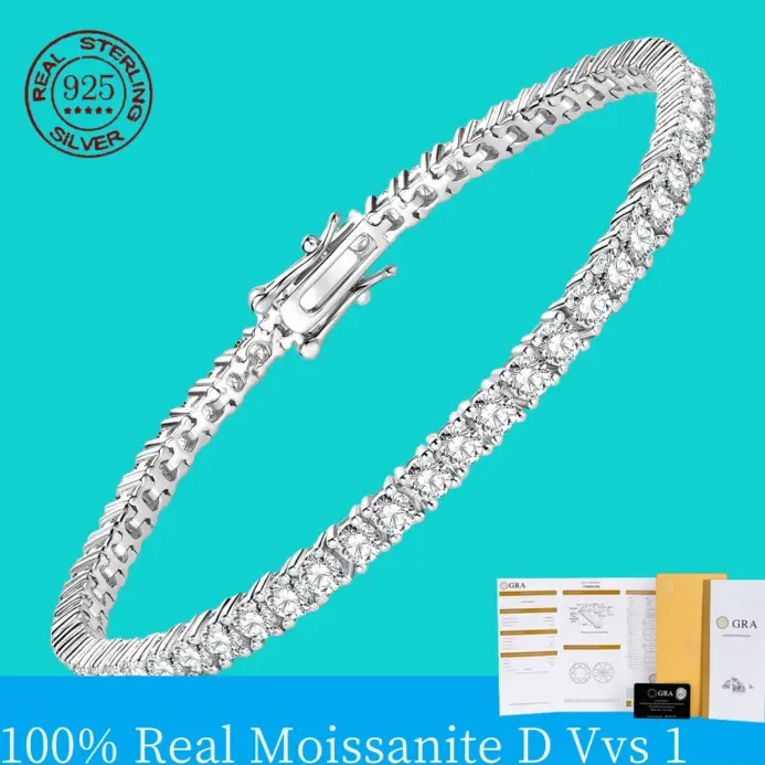 Pulsera de tenis de moissanita Simple D VVS1, Plata de Ley 925, clásicos de una sola fila con pulsera GRA para mujer y hombre, joyería 1