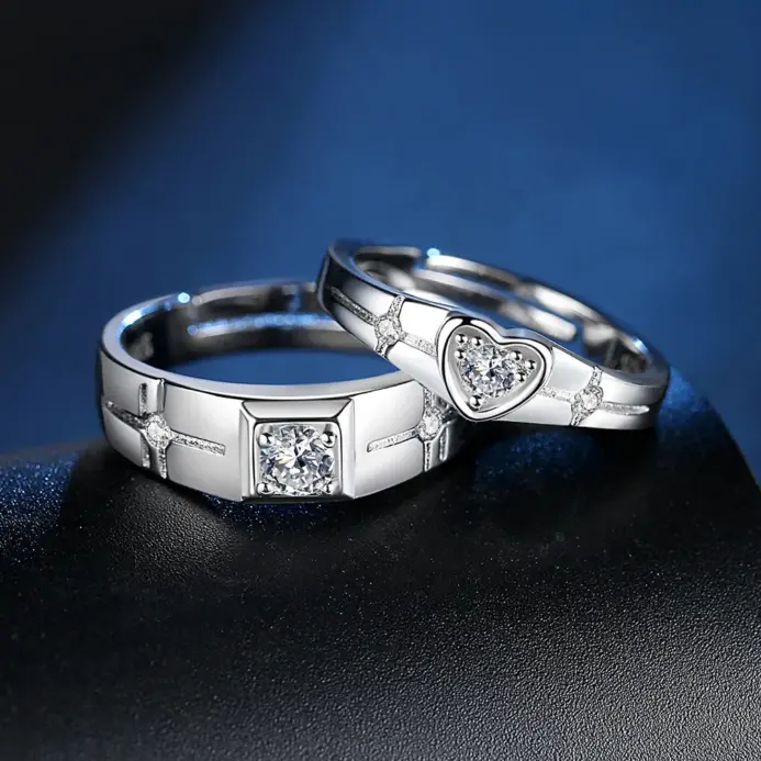 2 Anillos de Plata de Ley 925 con Circonita para Pareja, para Mujer y Hombre, Exquisitos, para Estudiantes, Novias, Accesorios de Joyería de Plata para Boda 2