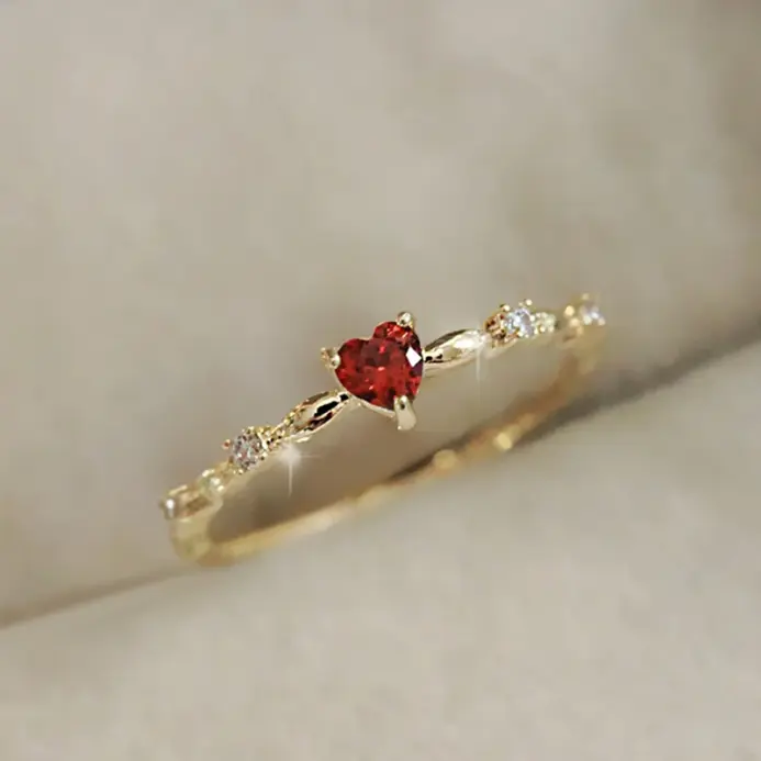 exquisito amor rojo CZ anillos de propuesta de compromiso para mujeres banda delgada estética joyería de moda femenina regalo de cumpleaños elegante 1