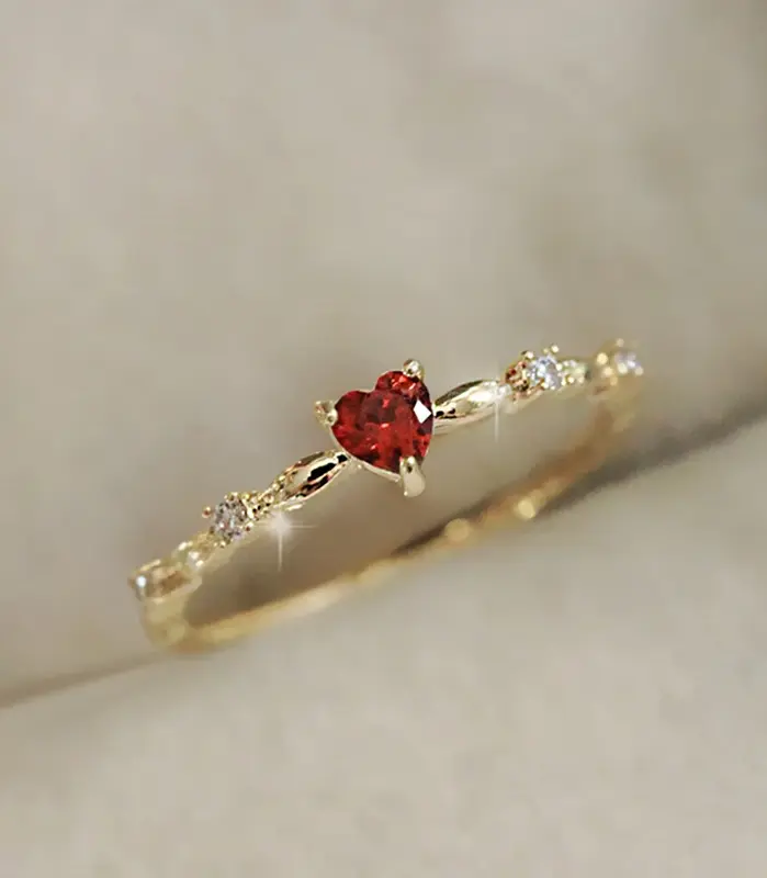 exquisito amor rojo CZ anillos de propuesta de compromiso para mujeres banda delgada estética joyería de moda femenina regalo de cumpleaños elegante 1