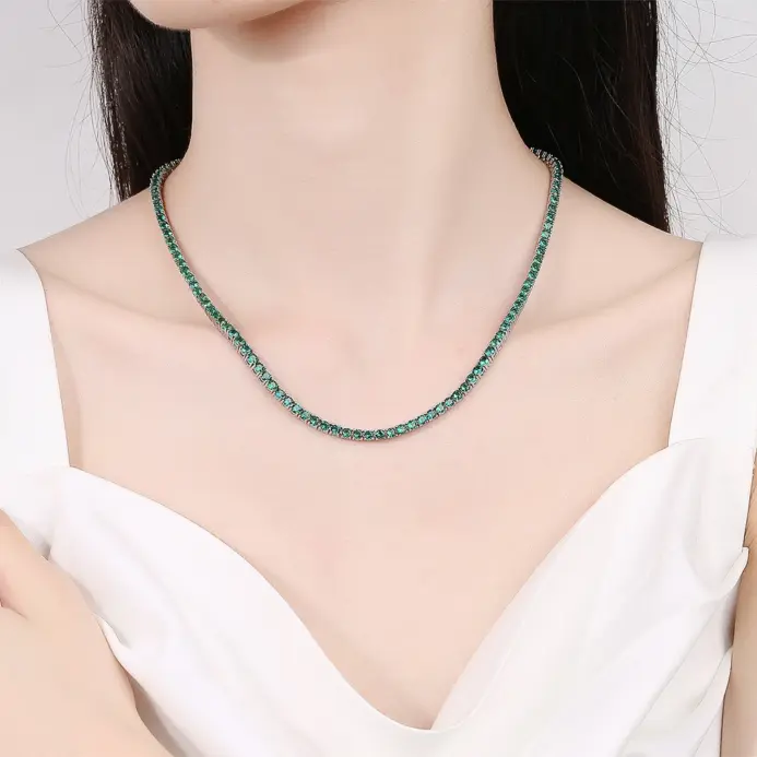 16/18 pulgadas (41/45 cm) joyería fina sólida Real pavé 3 mm circonita cúbica verde esmeralda 925 collar gargantilla de tenis de plata esterlina 2