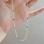 Collar de plata de ley 925 con gargantilla de cuentas multicolores geométricas simples, cadena de clavícula delicada y brillante para mujer 1