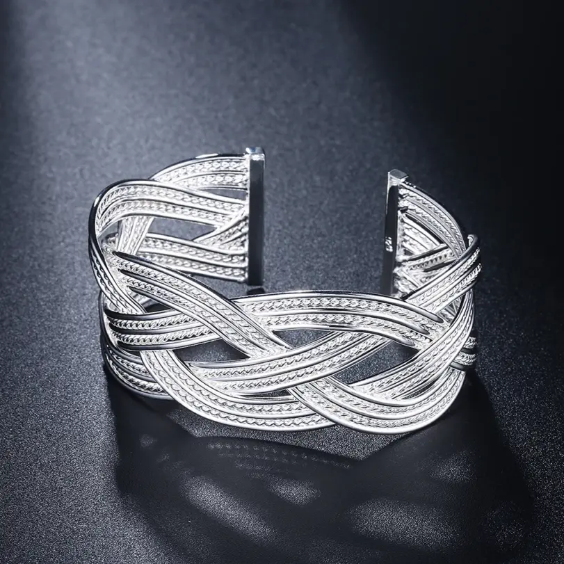 Pulseras de plata de ley 925 para mujer, brazalete de alambre trenzado elegante, regalo de boda, fiesta de Navidad, joyería de estudiante para niña 3