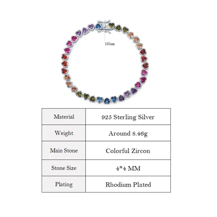 pulsera de tenis de plata sólida 925 para mujer, circón colorido con incrustaciones en forma de corazón, joyería CZ de arcoíris, venta al por mayor 2