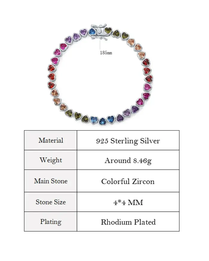 pulsera de tenis de plata sólida 925 para mujer, circón colorido con incrustaciones en forma de corazón, joyería CZ de arcoíris, venta al por mayor 2