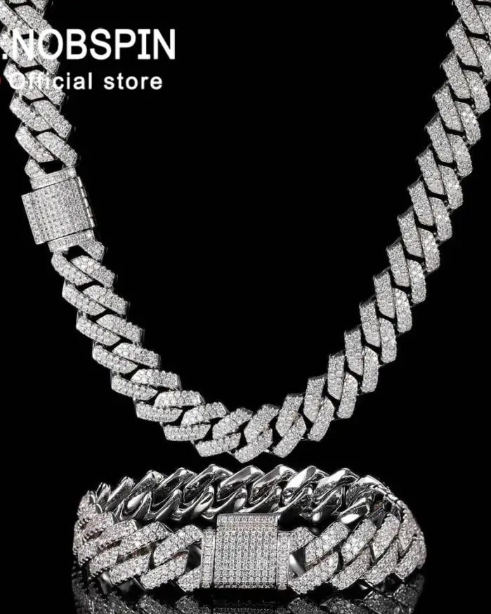 KNOBSPIN-pulsera cubana de moissanita para hombre y mujer, brazalete de Plata de Ley 925 chapado con diamantes de oro blanco de 18k, cadena de eslabones cubanos 1