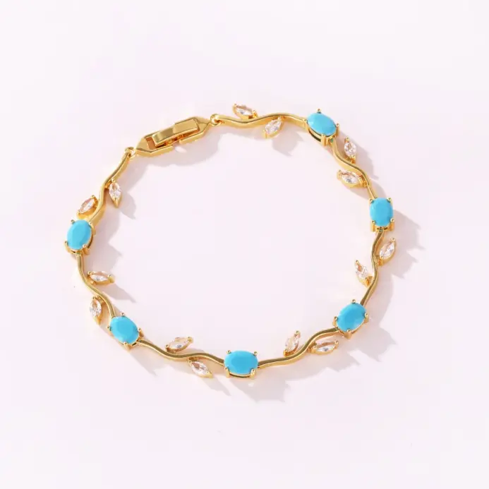 Pulseras de Lujo con Piedras Naturales de Turquesa, Zirconia, Hojas, Ramas y Flores de Diamantes de Imitación para Mujer, Regalo de Joyería para Fiesta o Boda 2