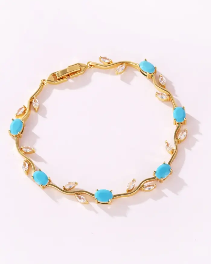 Pulseras de Lujo con Piedras Naturales de Turquesa, Zirconia, Hojas, Ramas y Flores de Diamantes de Imitación para Mujer, Regalo de Joyería para Fiesta o Boda 2