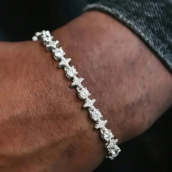 Pulsera de circonia cúbica con estrella de piedra redonda, joyería de Hip-Hop para hombres, accesorio de moda elegante brillante, regalo clásico para cumpleaños 2