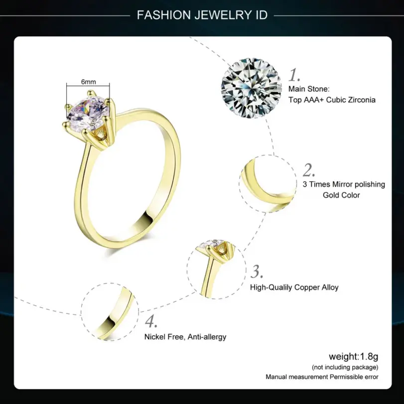 Anillo de boda clásico de cristal de 1 quilate para mujer, sortija de compromiso de aniversario de oro de diamante, propuesta de matrimonio, 6