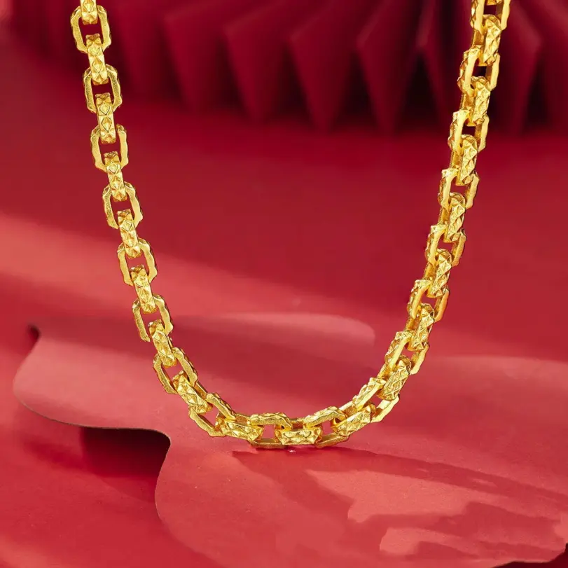 Collar entrelazado cuadrado para hombre de oro real de 24 quilates, lujoso y dominante, collar Chopin con diseño de oro au9999 4