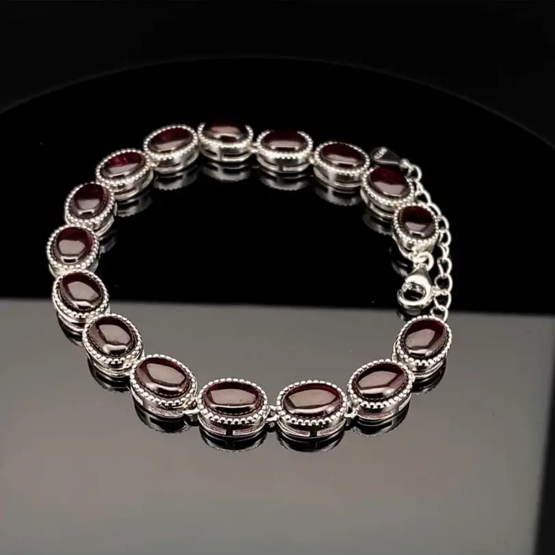 Conjunto de pulsera de plata de ley S925 con 17 granados naturales, joyería de pulsera para mujer sencilla y elegante, adecuada para uso diario 6