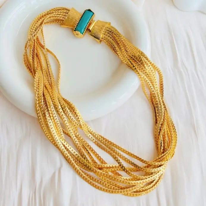 Europa Vintage latón chapado en oro tejido cadena piedra Natural collar de lujo pulsera conjunto mujer joyería de calidad superior 2