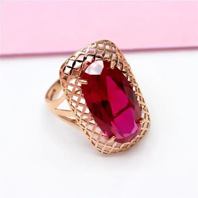 Anillos de rubí ovalados clásicos de oro rosa de 14K de oro púrpura 585 para mujer, artesanía hueca cuadrada, regalo de joyería de boda de lujo exagerada 2