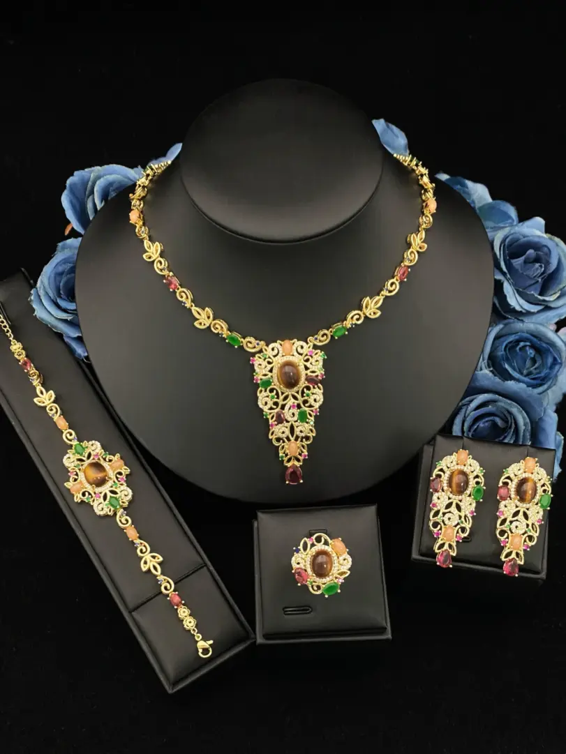 Juego de Joyería de Lujo para Mujer Falair, con Circonitas Simuladas, Brazalete, Anillo, Collar y Aretes de Cobre Dorado, Joyería Elegante para Uso Diario 6