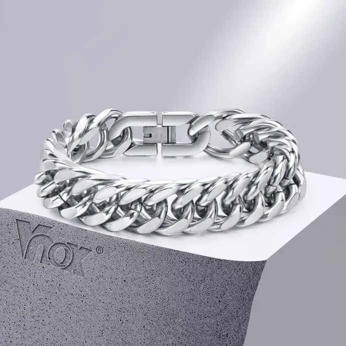 Vnox pulseras de cadena cubana de acero inoxidable de 12/15MM de ancho para hombres, joyería de pulsera de Hip Hop de moda de Color plateado para hombre y niño 1