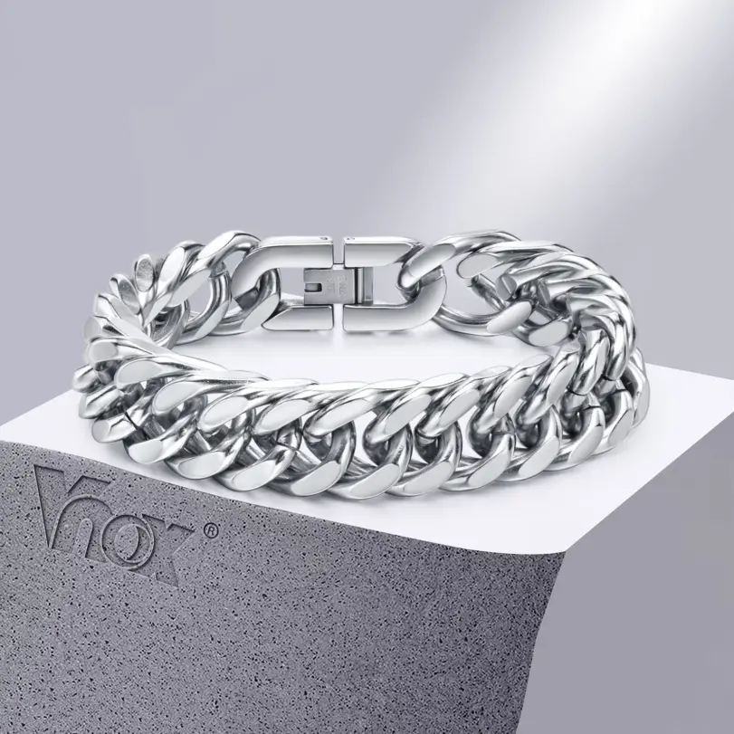Vnox pulseras de cadena cubana de acero inoxidable de 12/15MM de ancho para hombres, joyería de pulsera de Hip Hop de moda de Color plateado para hombre y niño 1 Vnox pulseras de cadena cubana de acero inoxidable de 12/15MM de ancho para hombres, joyería de pulsera de Hip Hop de moda de Color plateado para hombre y niño 1