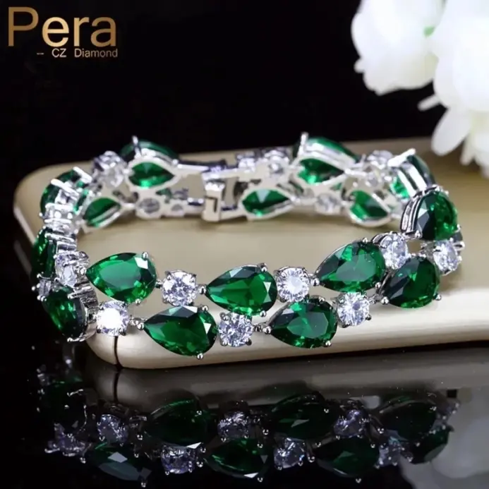 Pera-pulsera de circonia cúbica verde para mujer, brazalete de lujo con piedras grandes, accesorios de joyería nupcial para damas de honor, B029 1