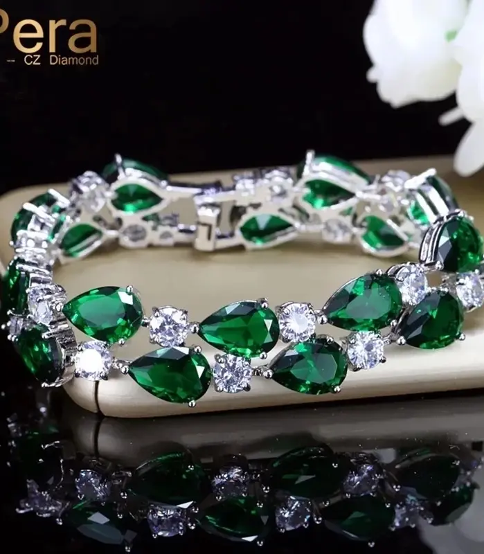 Pera-pulsera de circonia cúbica verde para mujer, brazalete de lujo con piedras grandes, accesorios de joyería nupcial para damas de honor, B029 1