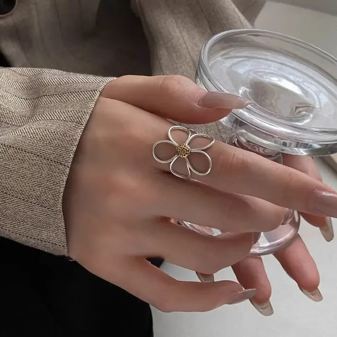Anillos de plata de ley 925 para mujer, pareja minimalista hecha a mano, anillo Simple de flor grande, joyería de fiesta, regalo para prevenir alergias 2