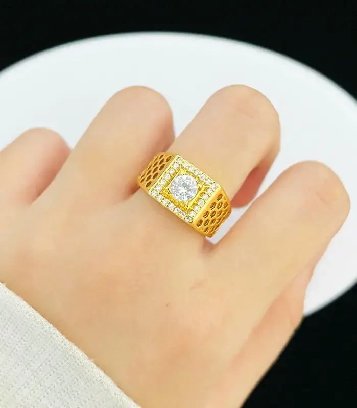 Golden Shop Anillo para hombre del mismo estilo con extremo cerrado, conjunto de diamantes, regalo de cumpleaños para fiesta, oro real 9999 de 24 quilates 1
