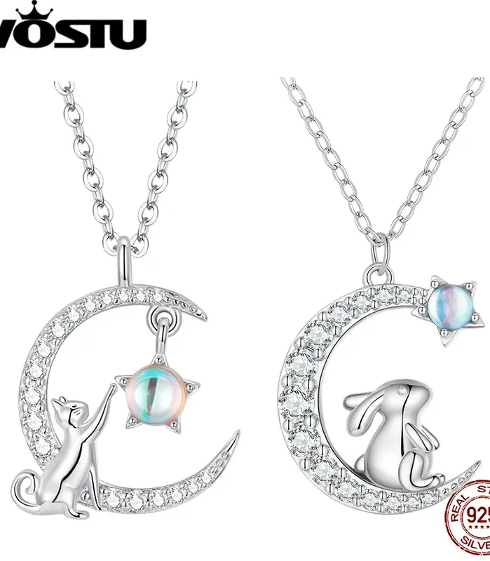 collares de plata de ley 925 con forma de gato y Luna, colgante de circonitas de cristal, cadena ajustable para el cuello, regalo de joyería fina 1