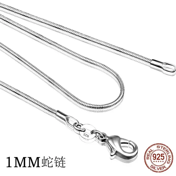 Collar de plata de ley 925 para mujer, joyería de plata de moda, cadena de serpiente, collar de 1mm, 16, 18, 20, 22 y 24 1